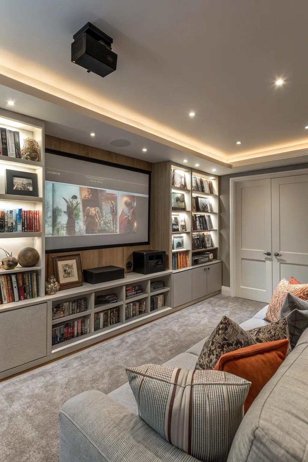 Keep your cinema stylish and in order with wall shelves.