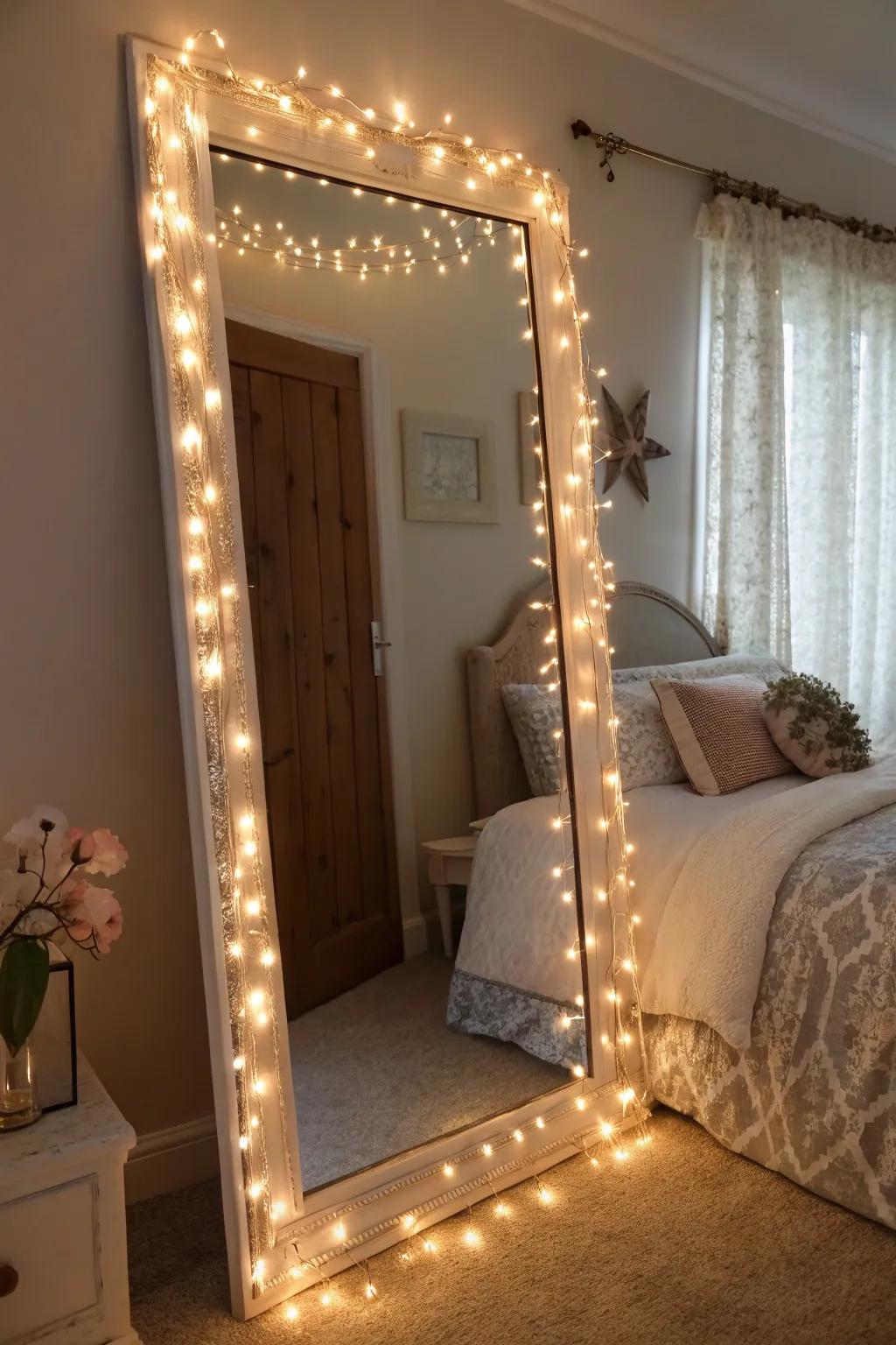 Twinkle lights draped around a large mirror.