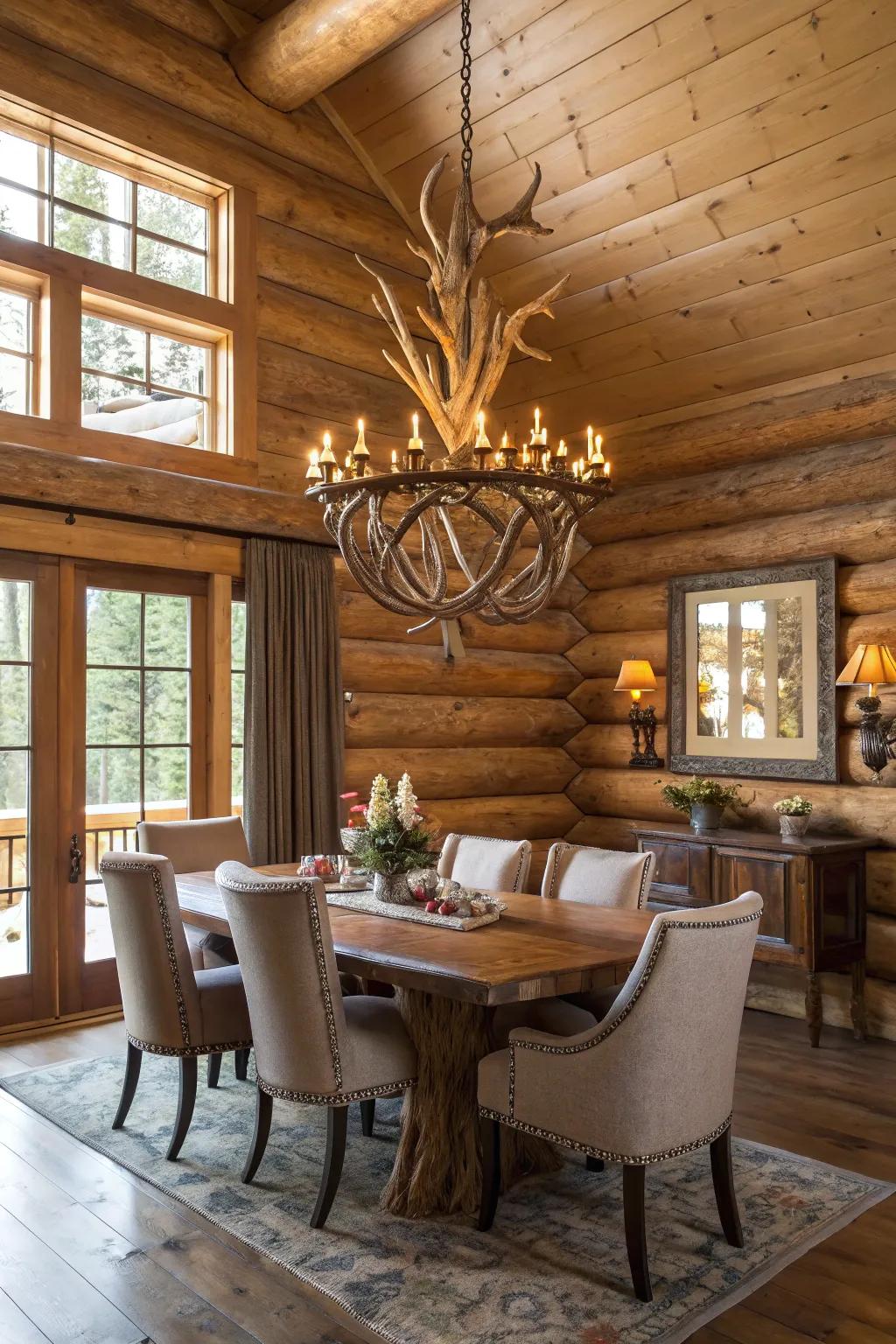 A horn chandelier adds country elegance to a log cabin's dining area.