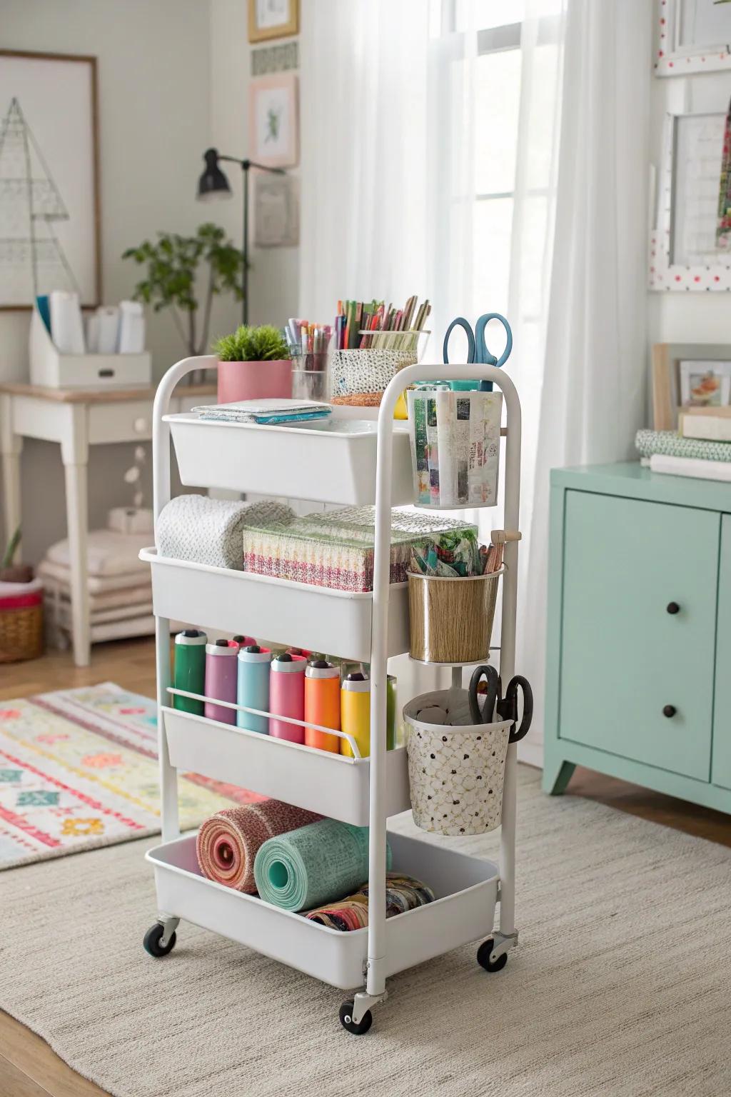Adaptable storage options are provided by rolling carts.