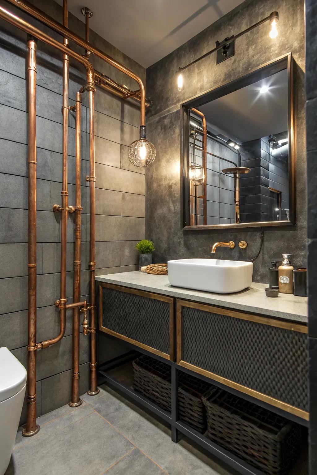 A bathroom featuring exposed copper pipes, giving it an industrial vibe.