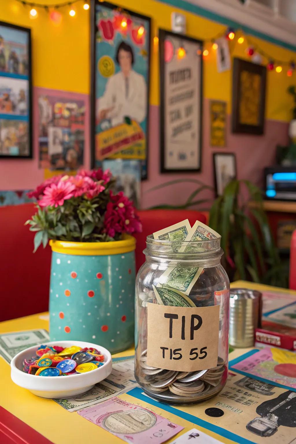 A tip container reflecting a nostalgic pop culture theme