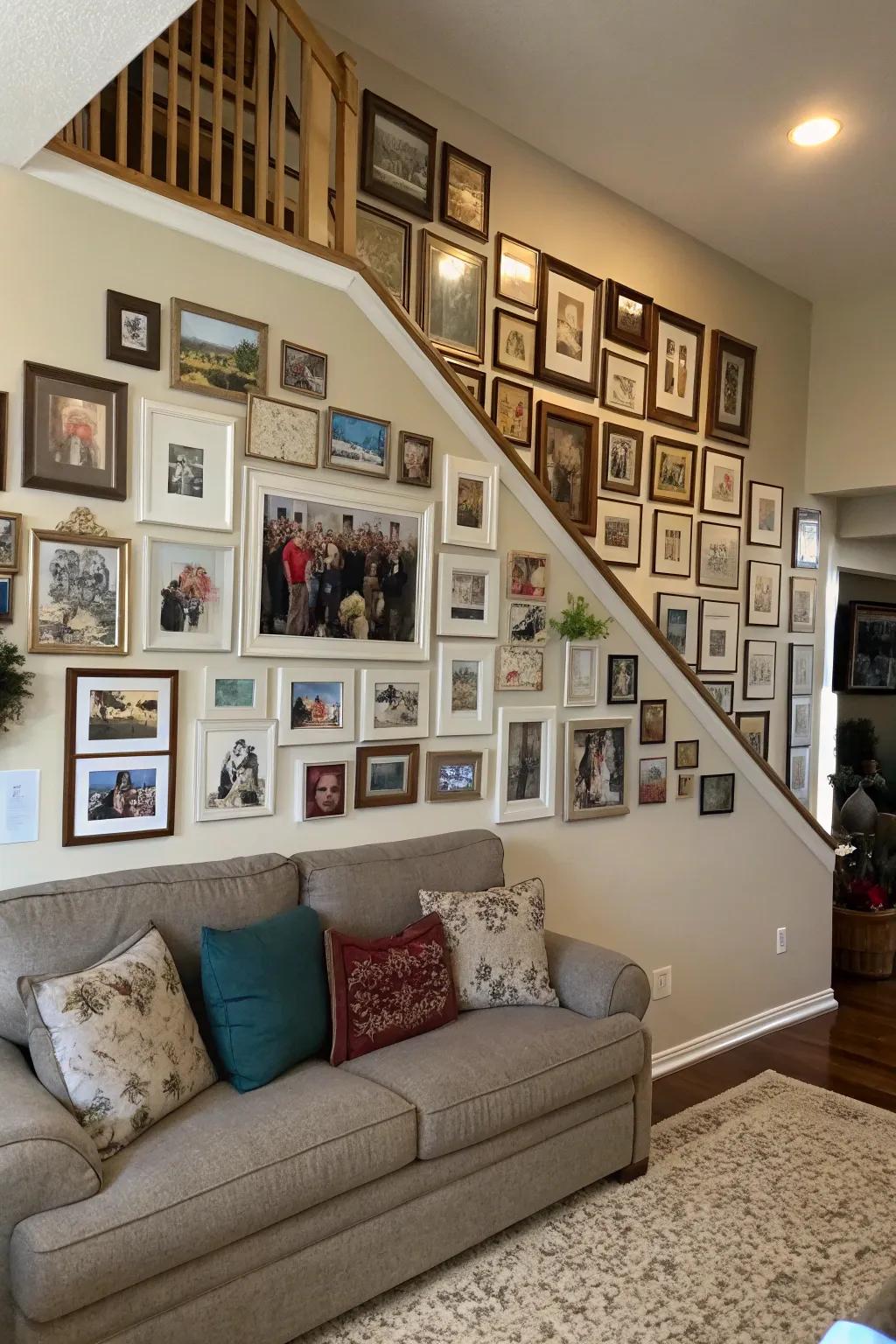 A full-wall collage is a strong way to present personal memories.