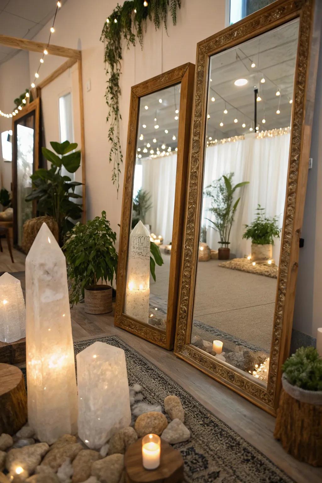 Reflective surfaces can amplify illumination, expanding depth and radiance to your crystal-inspired chamber.