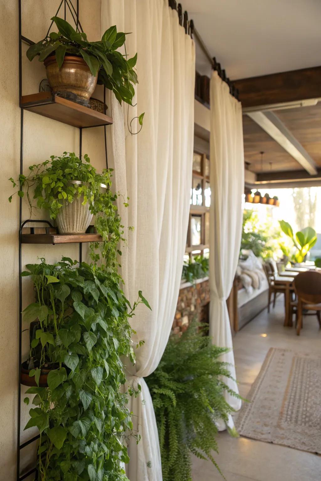 Drapes enhanced by vibrant flora for a lively sensation.