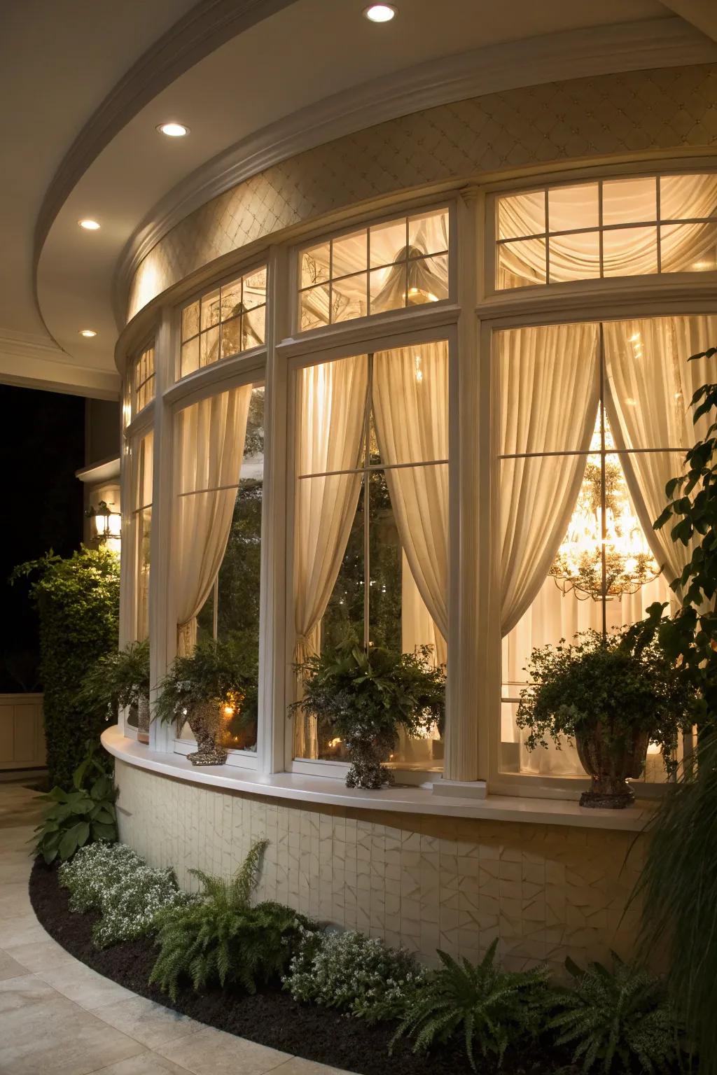 Decorative lighting highlighting the grace of an arched bay window.