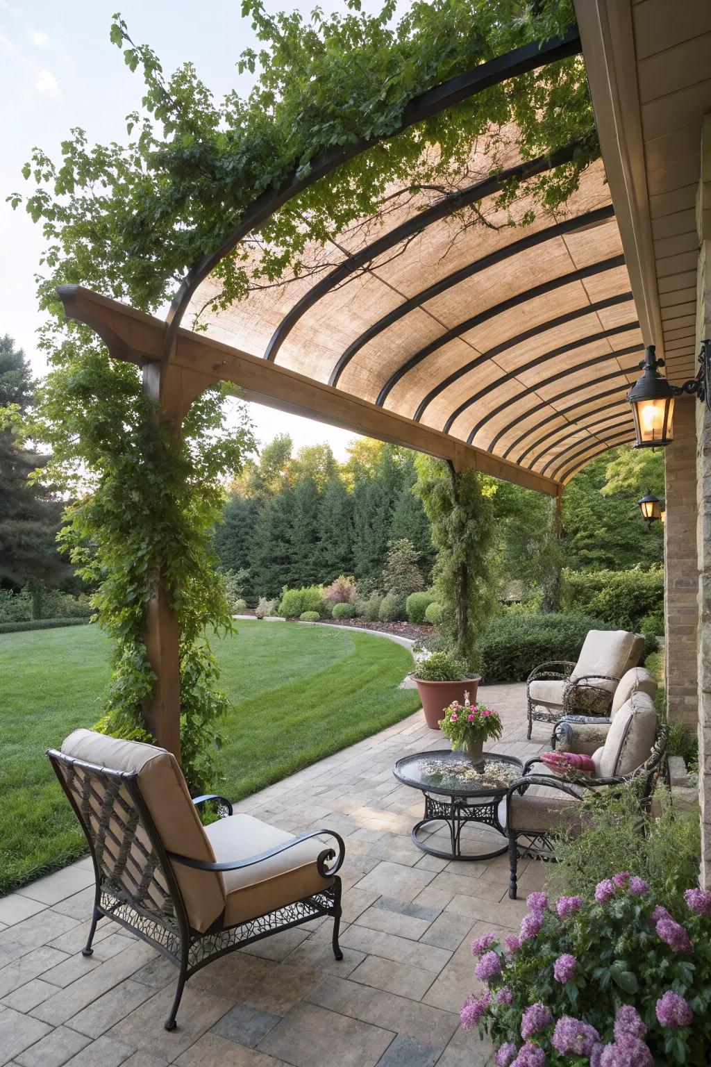 A stylish curved pergola offering shade and sophistication to the patio.