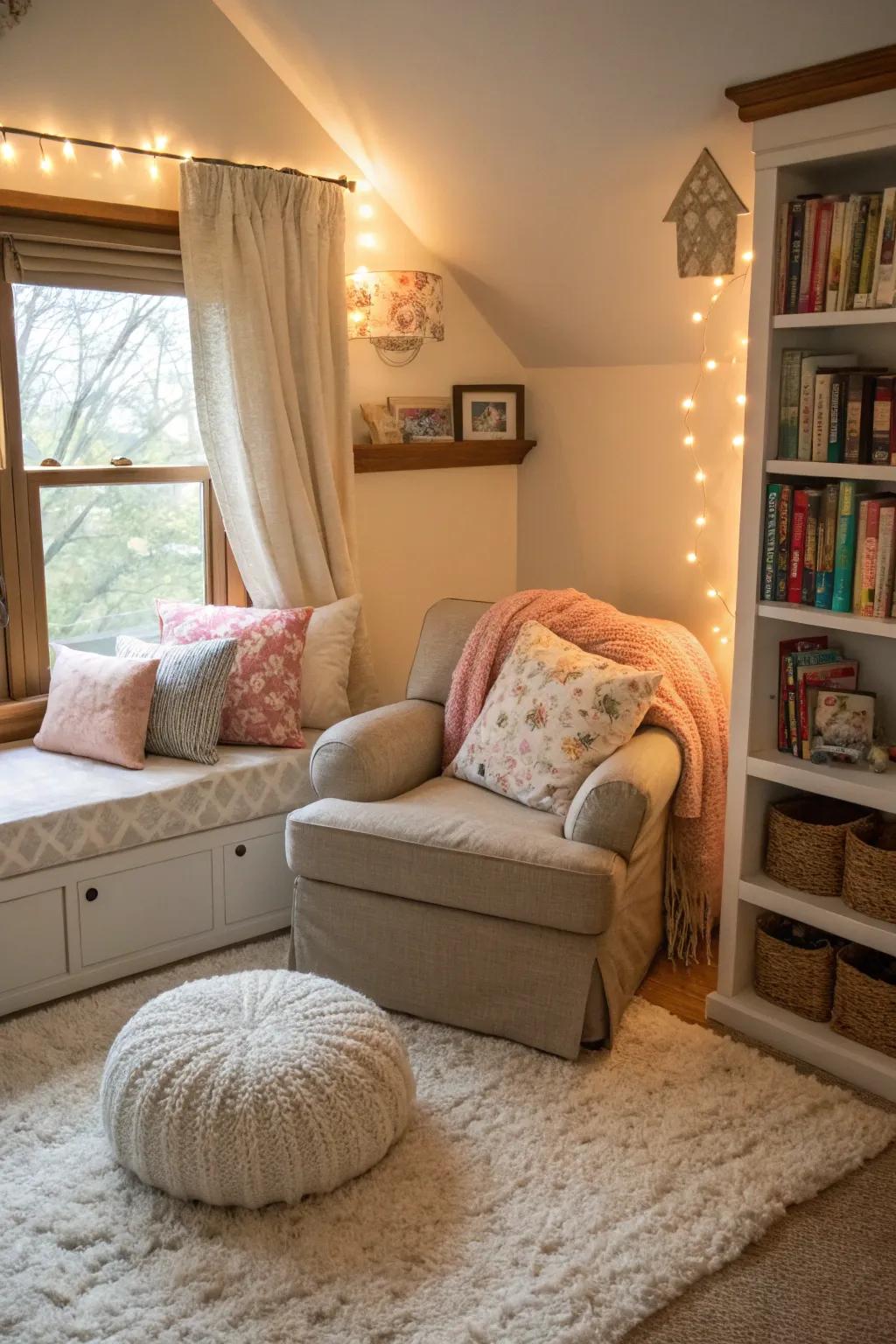 A welcoming corner for reading and relaxing within a shared area.