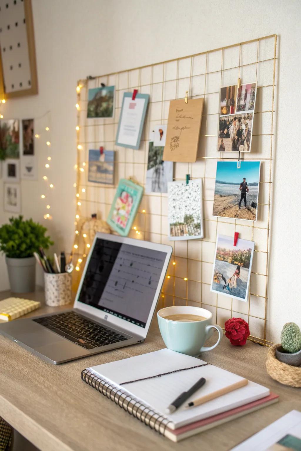 A desk with a corkboard featuring inspirational quotes and images, promoting creativity.