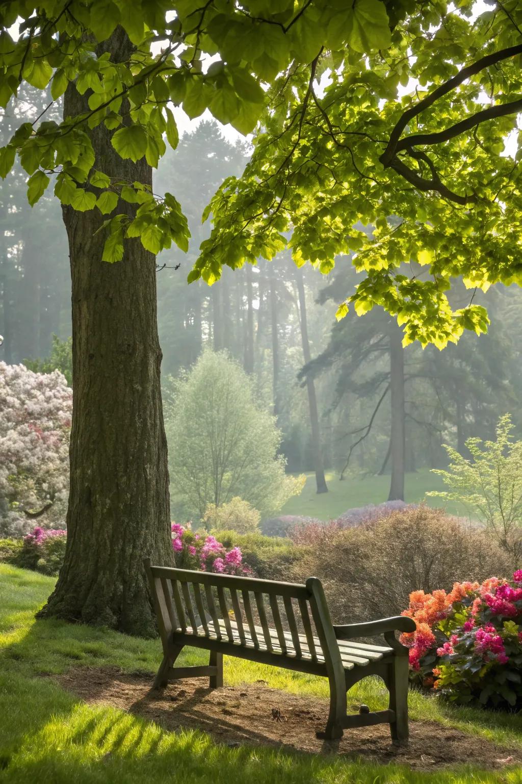 A wood bench provides a serene location to relax and unwind in your garden.