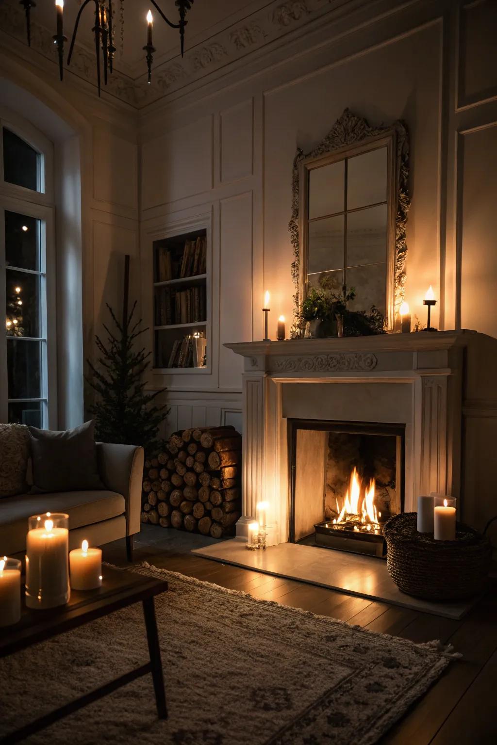 A hearth converts the room into a cozy escape.