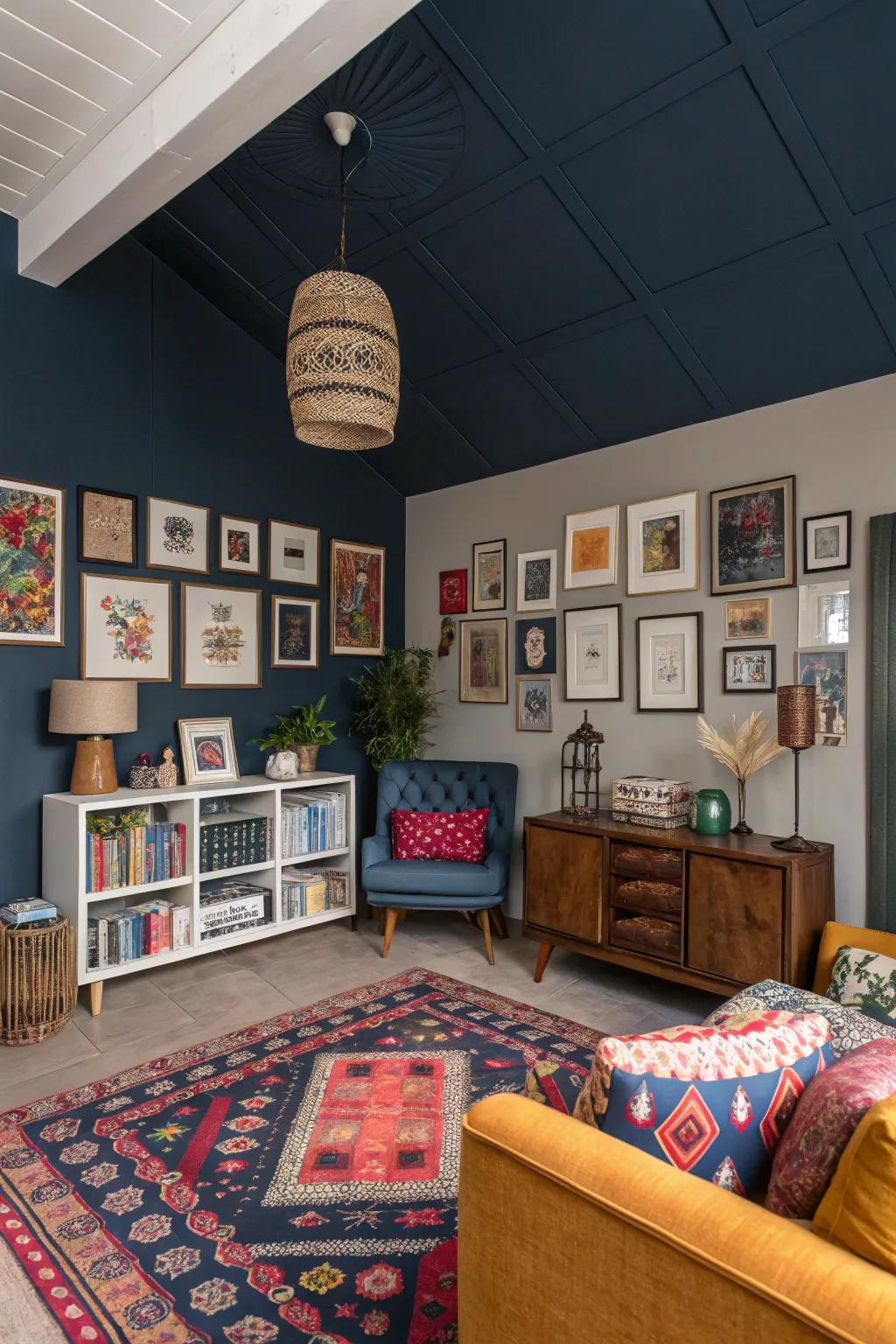 An eclectic room enhanced by a versatile dark blue ceiling.