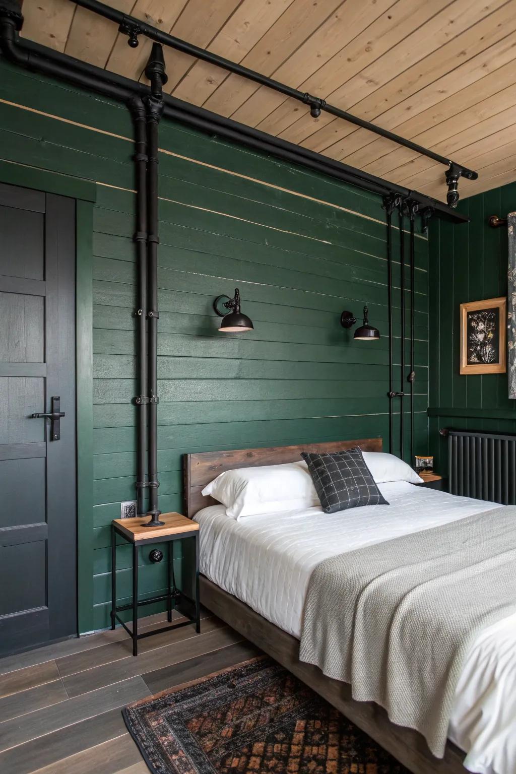 Deep green plank walls add texture and warmth.
