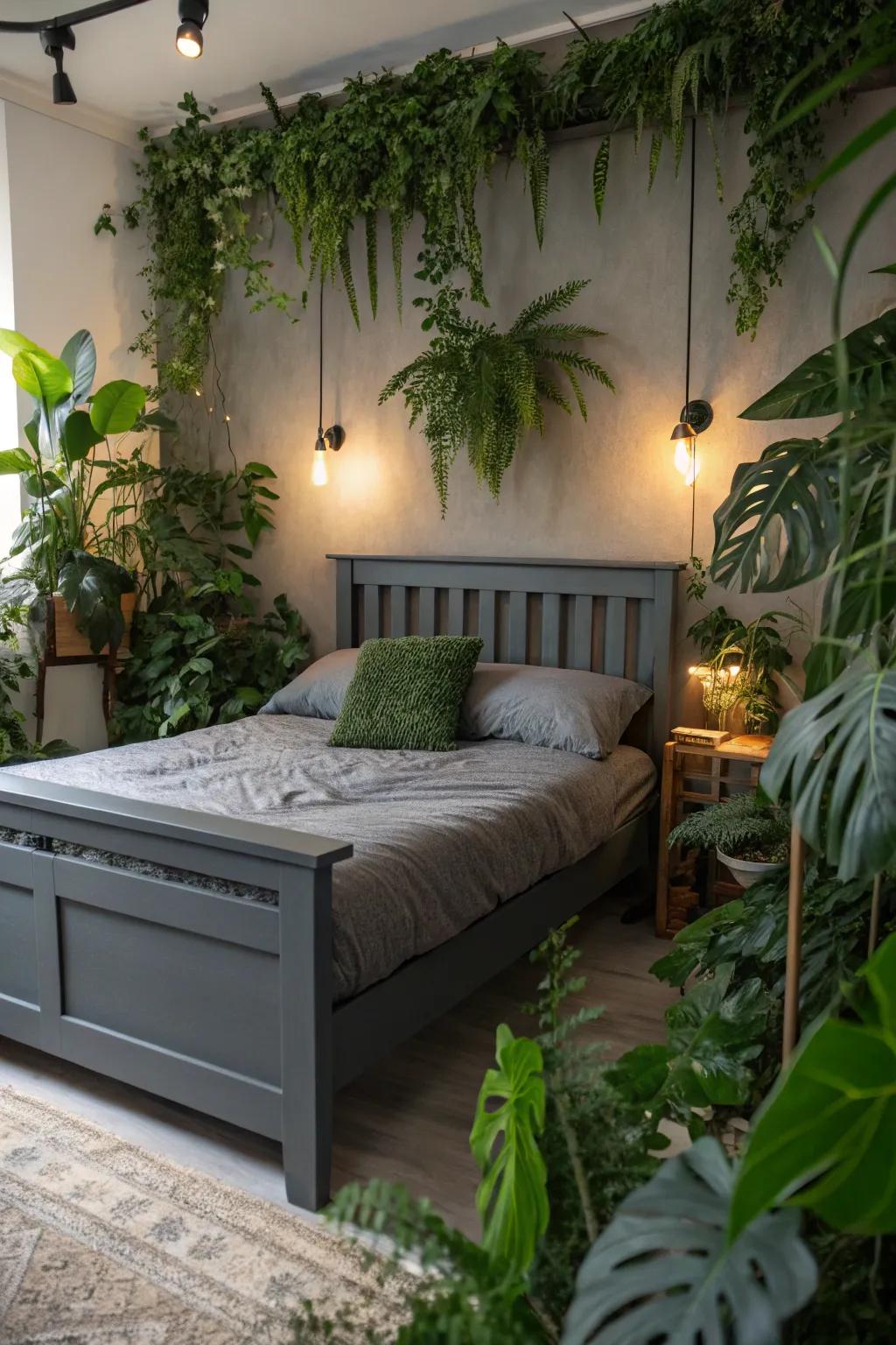 Verdure imparts vibrancy and contrast to a boudoir featuring a shadowy grey bed frame.