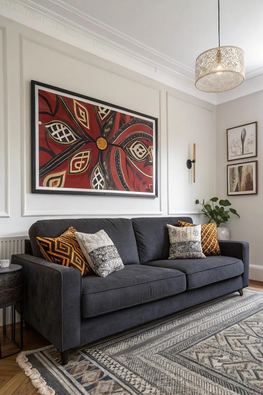 Striking artwork establishes a prominent focal point in a grey loveseat arrangement.