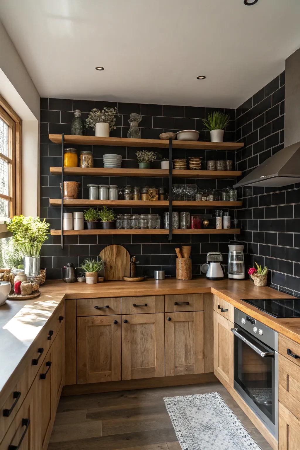 A deep-toned backsplash kitchen enriched with wall-mounted timber ledges ideal for presenting decorative items.