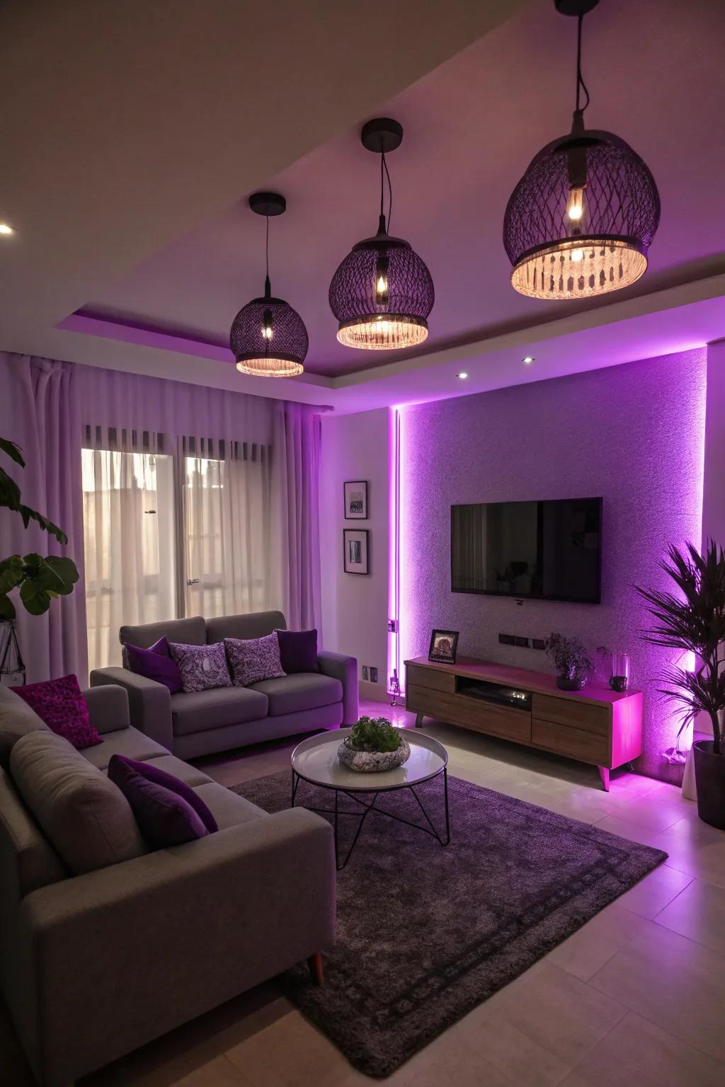 Violet lighting adds a mesmerizing glow to this cozy living space.