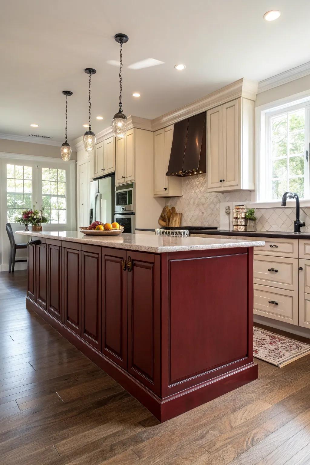 Striking kitchen island in crimson-toned cabinetry.