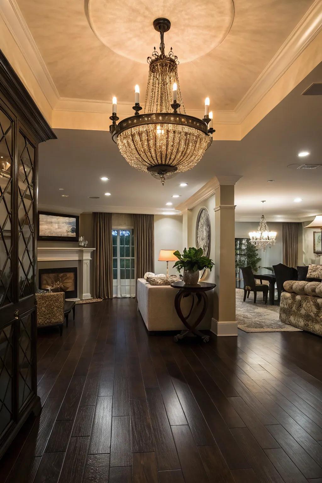 An impressive chandelier adds appeal to this room with dark wood floors.