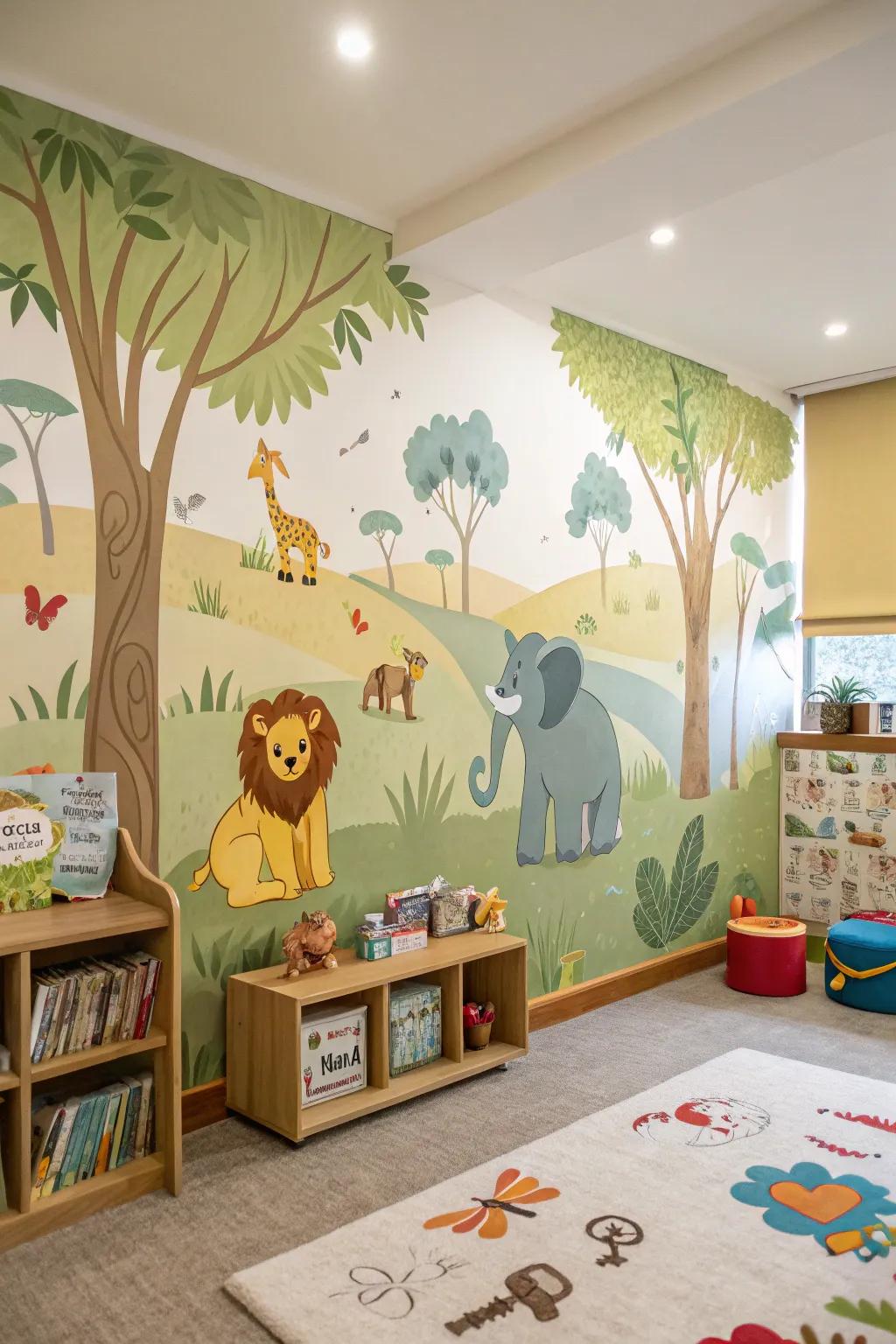 A daycare area with a lively animal-themed wallcovering.