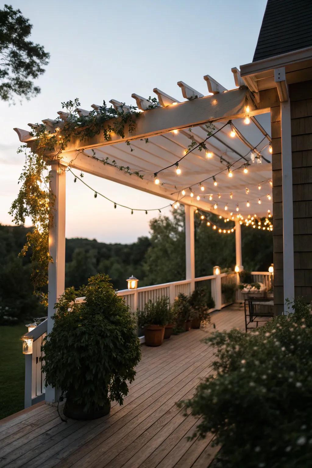 A pergola illuminated with fairy lights, perfect for evening gatherings.
