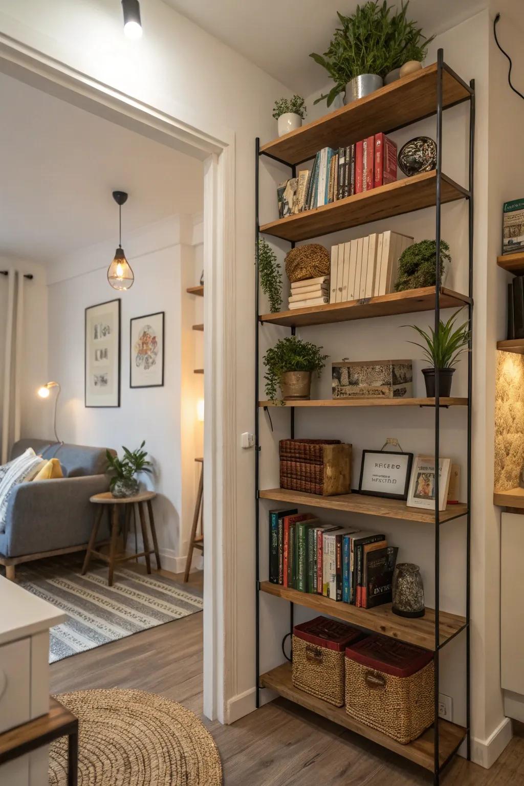 Open shelves offer practical storage and an opportunity to display personal treasures.