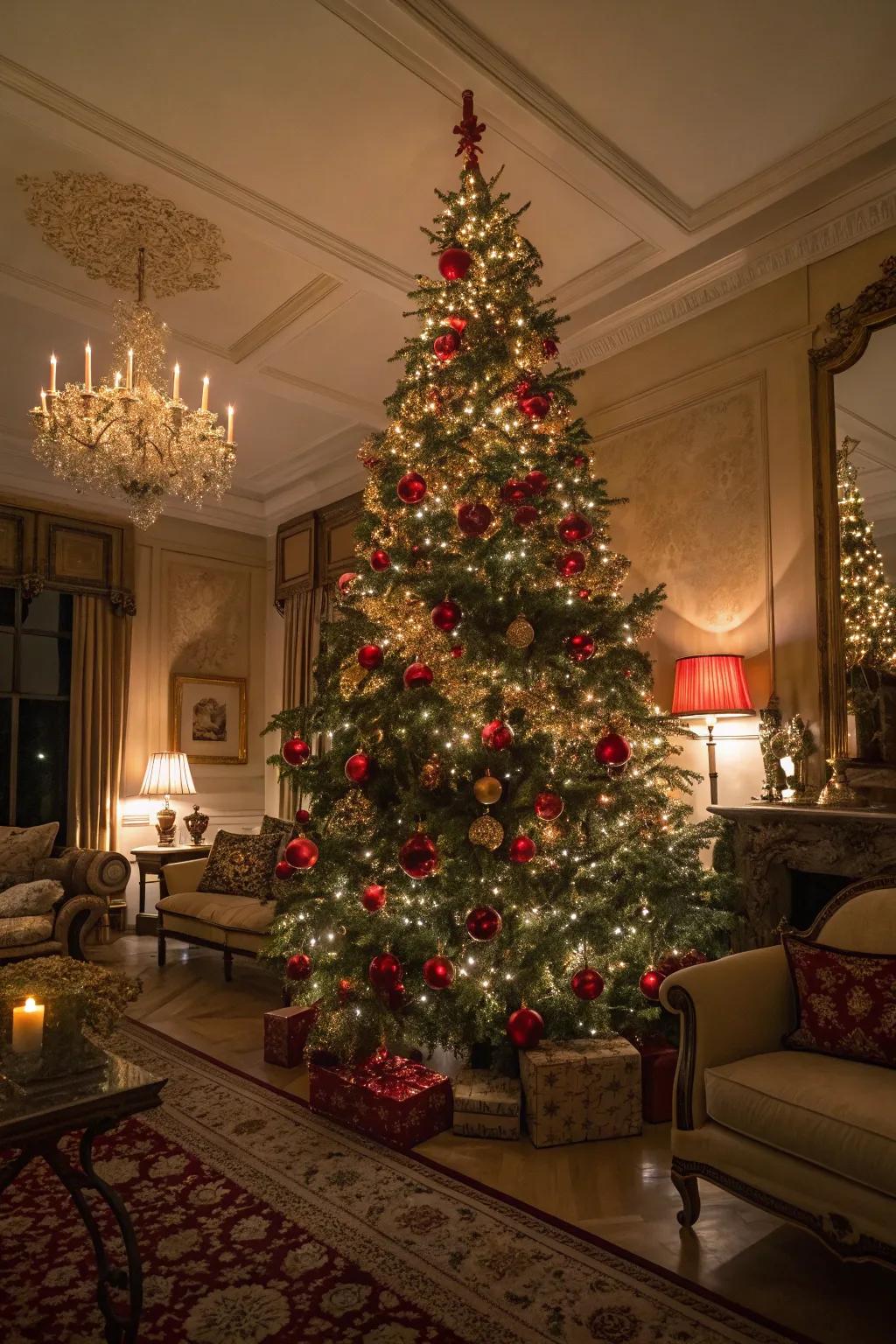 A classic Yuletide tree using crimson and gilded lights and conventional decorations.
