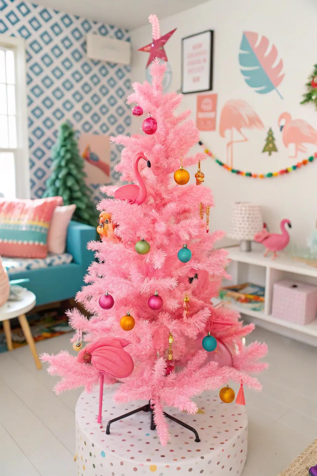 A playful pink tree highlighting fun flamingo accents.
