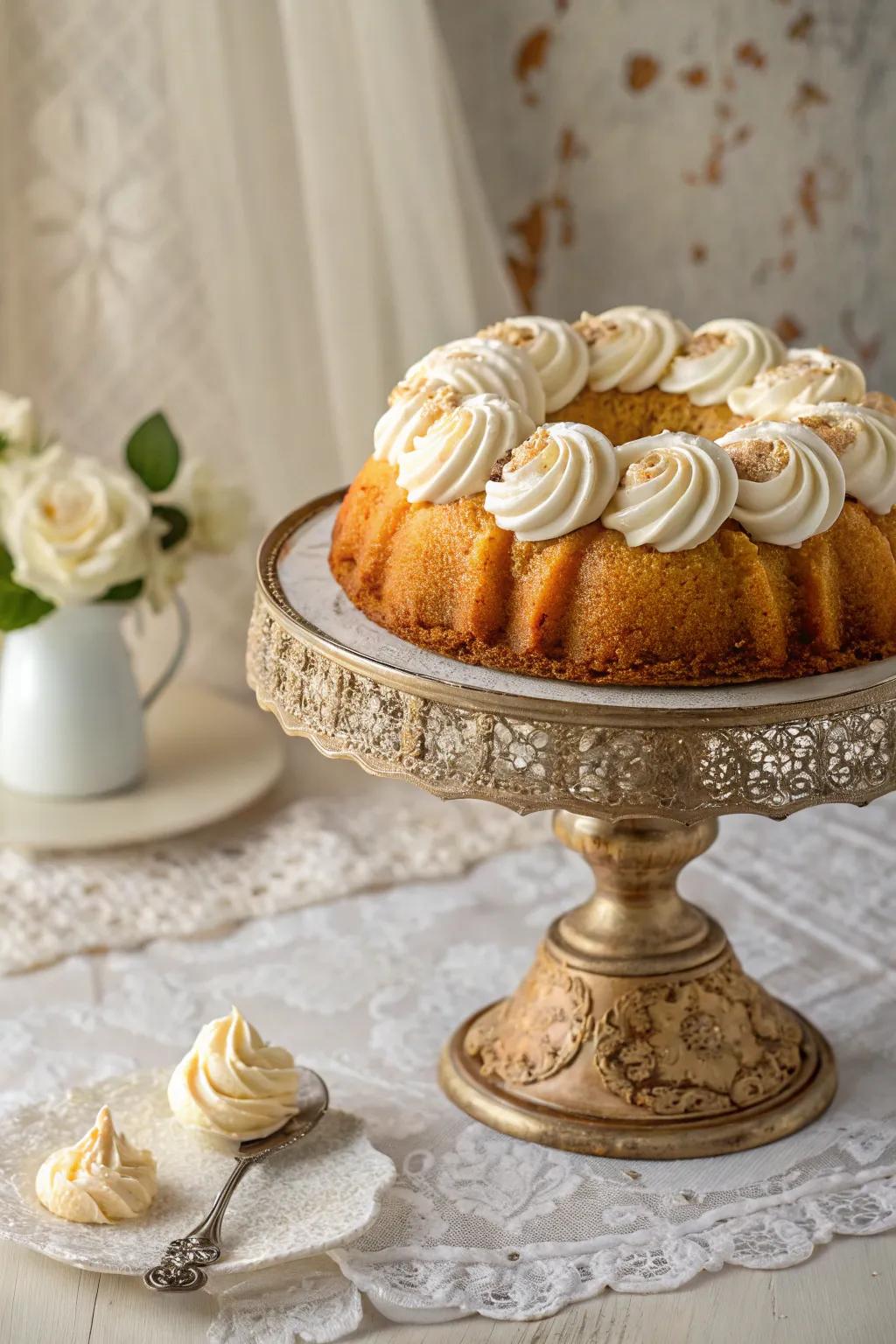 A bundt cake elegantly finished with whipped cream swirls.