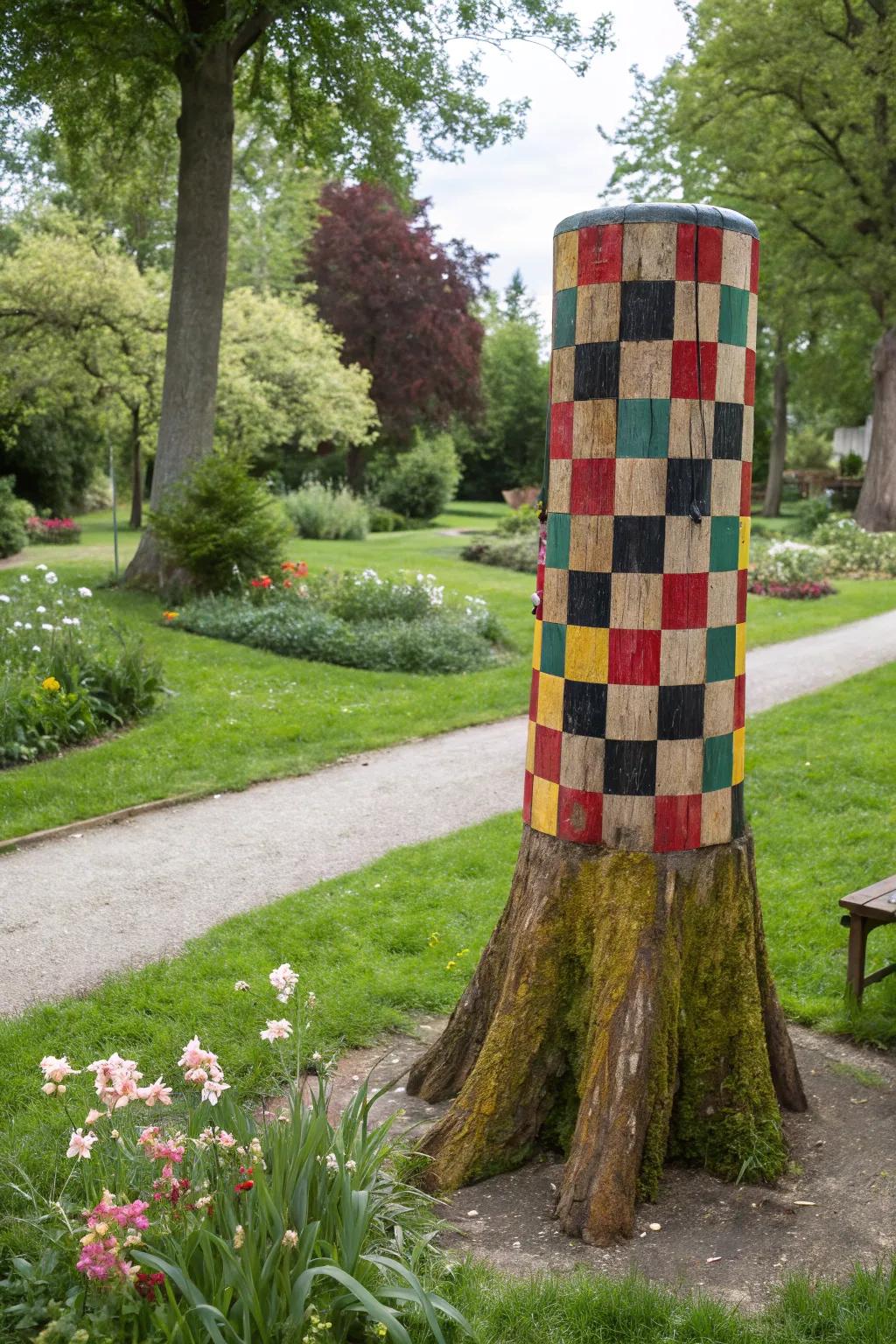 Enjoy games outdoors with a tree stump game table.