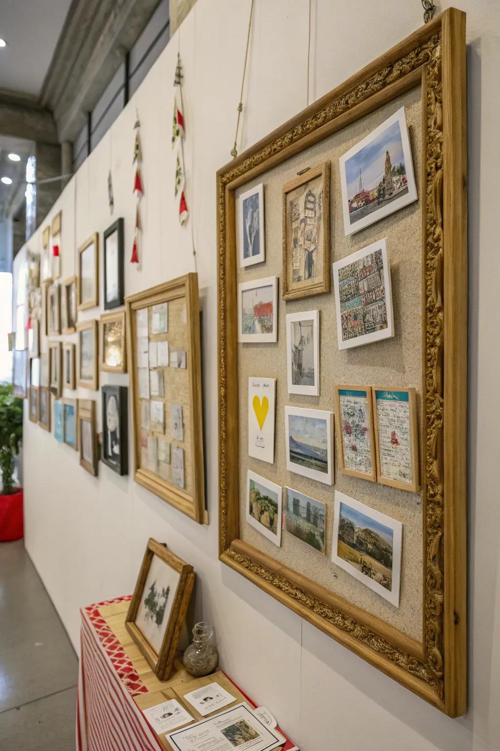 Creative use of frames with unexpected items adds intrigue and flair.