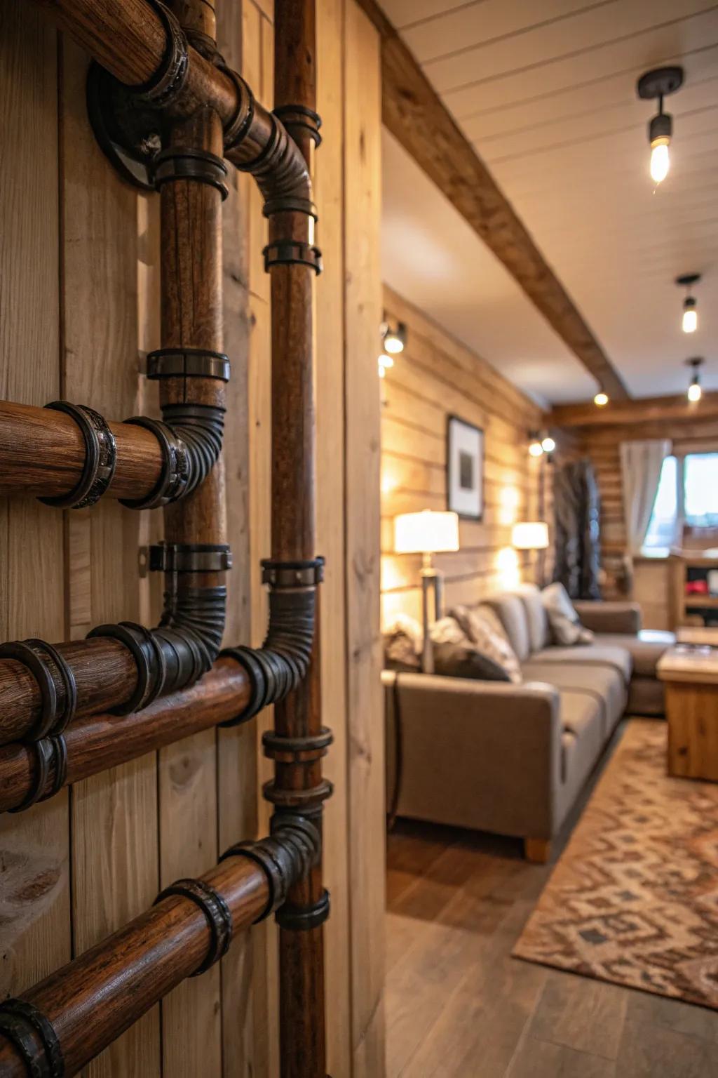 Textured wood finishes evoke a warm, rustic ambiance.