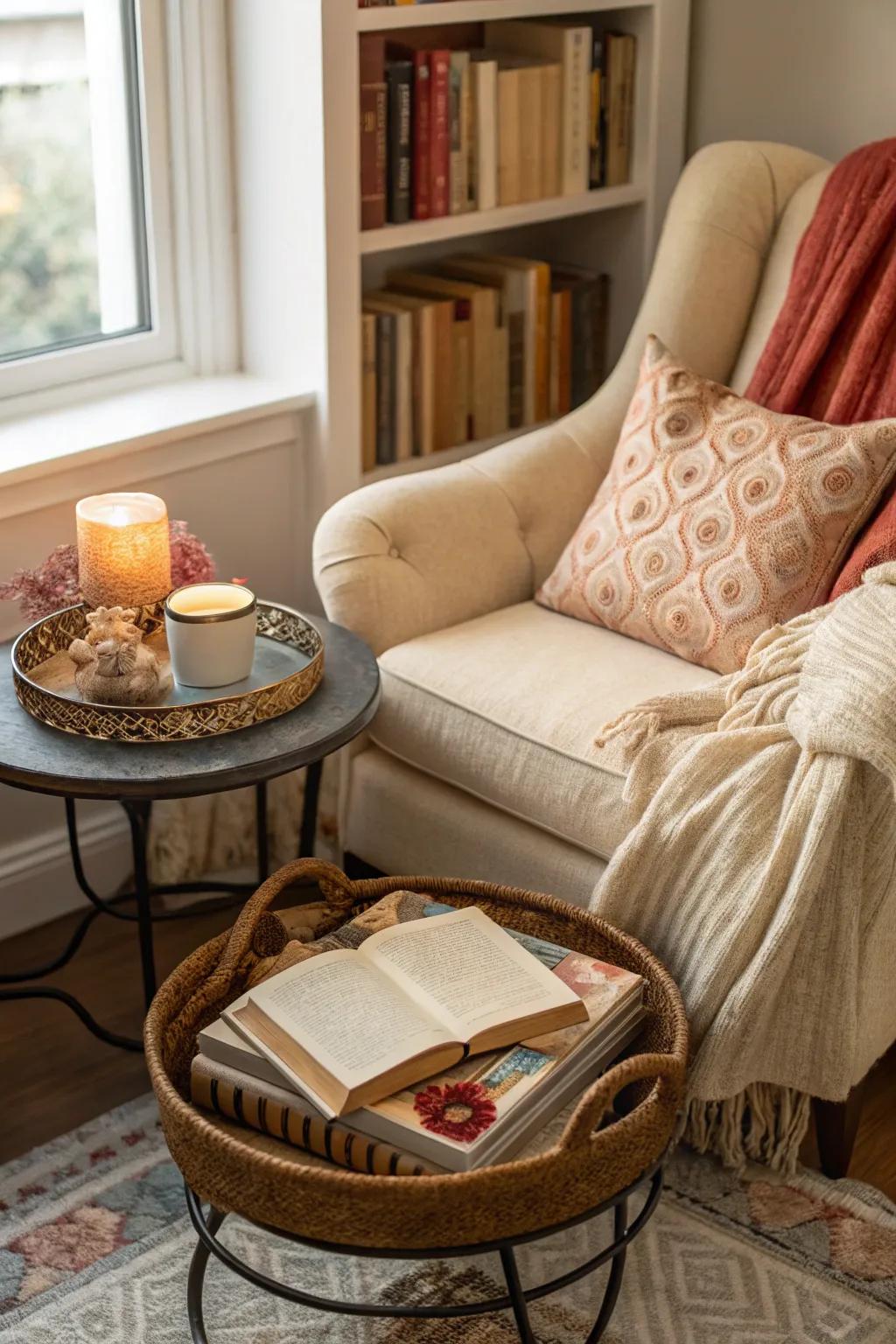 A cozy corner with soft, inviting decor.