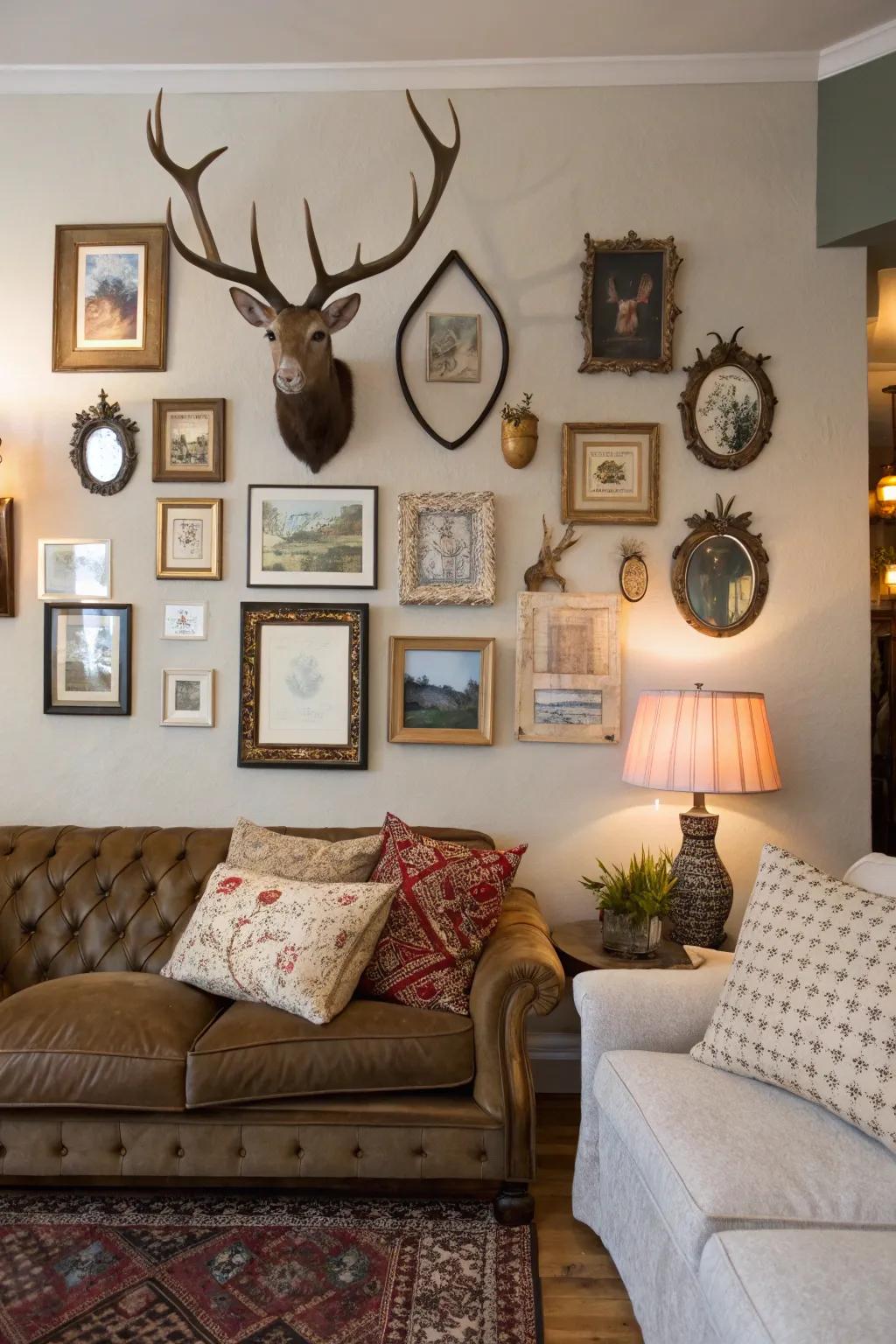 An eclectic living area wall showcases an artistic blend of deer antlers, framed art pieces, and mirrors.