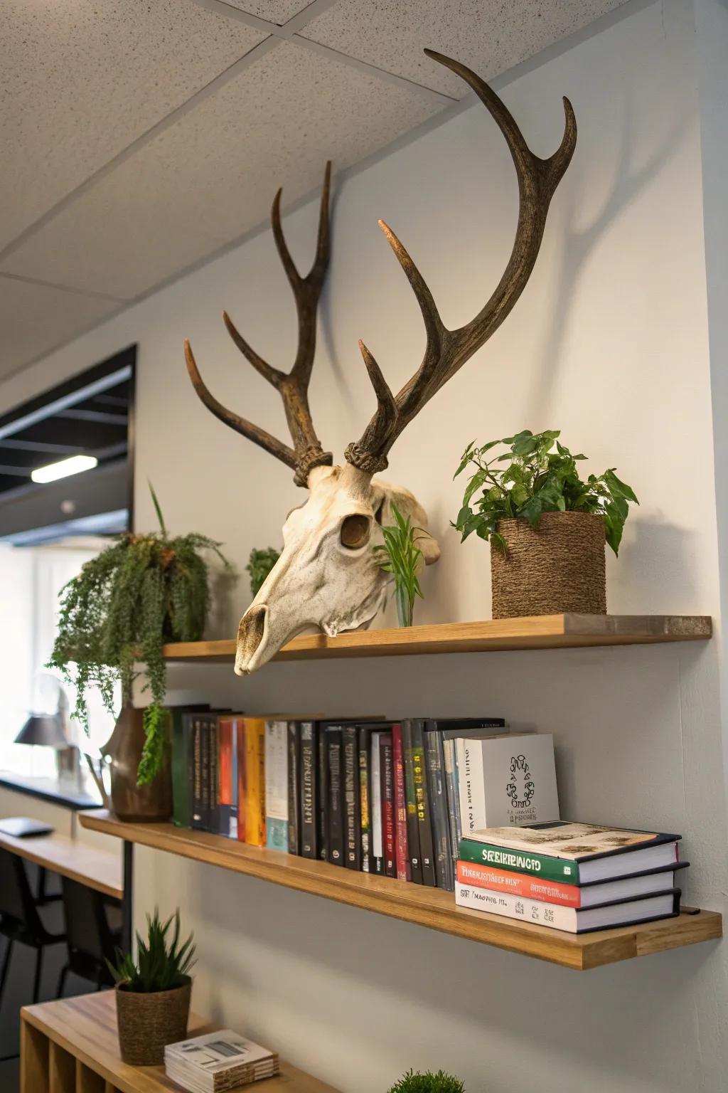 A suspended ledge setup enhances the visual depth of a deer skull exhibit.