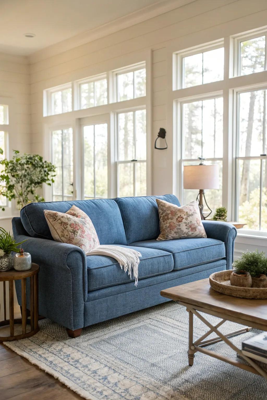 Natural brightness enhances the appeal of a cerulean settee.