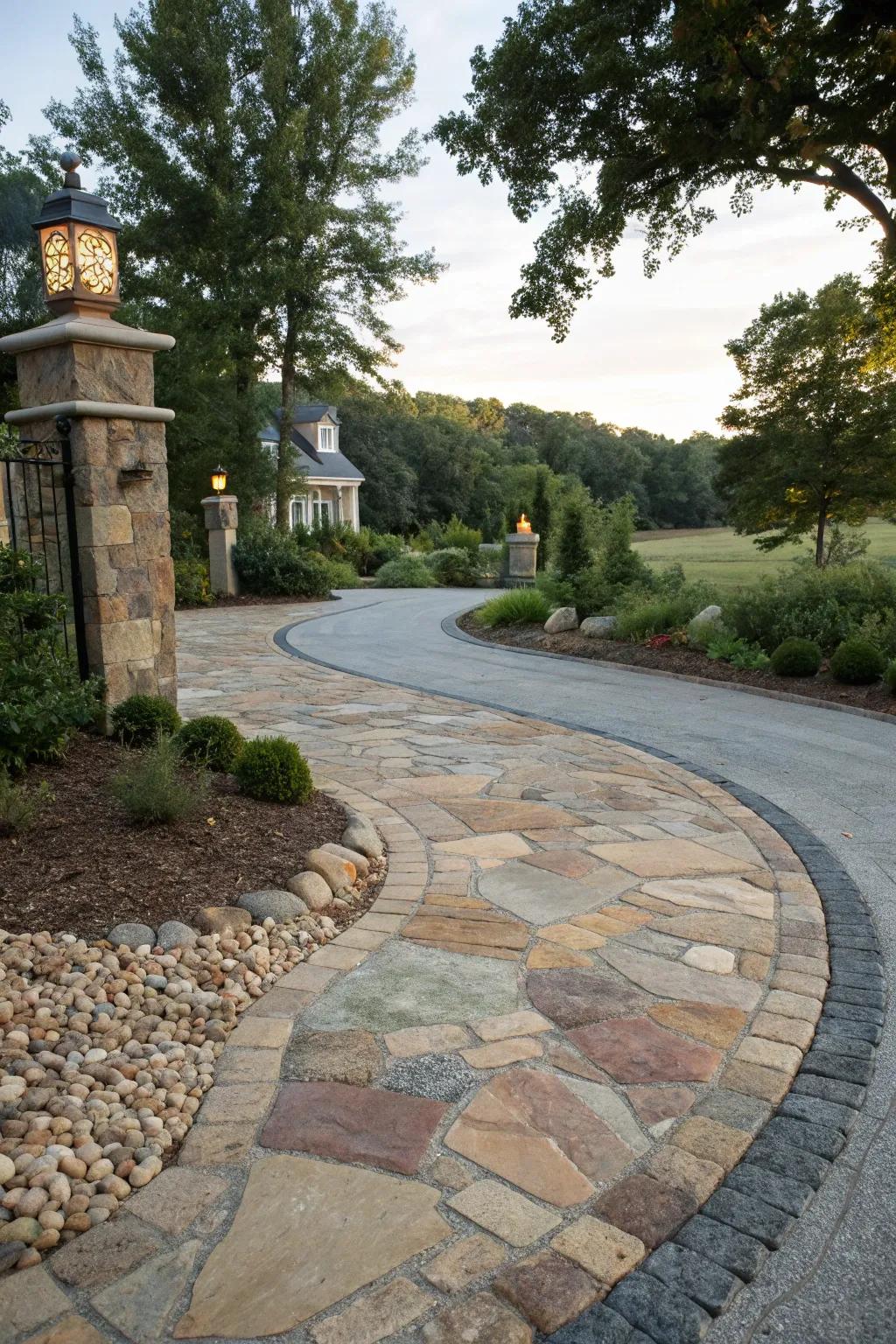 Inherent stone contributes refinement and uniqueness to this exquisitely crafted driveway.