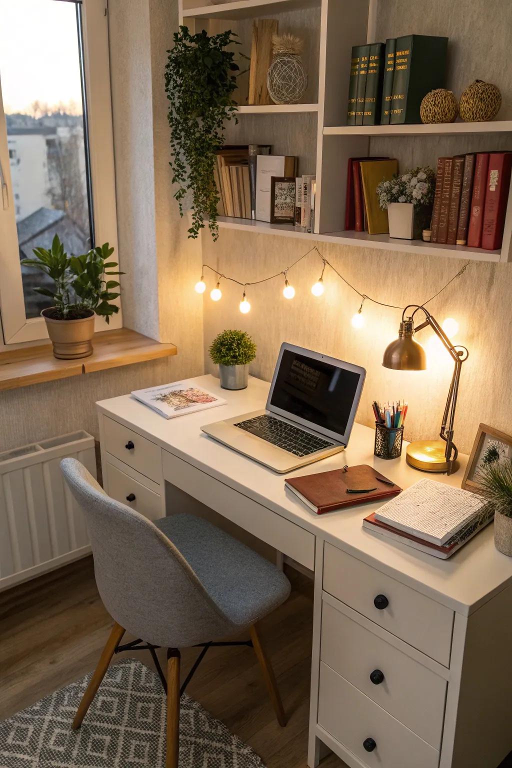 A corner desk arrangement that maximizes space and adds coziness.