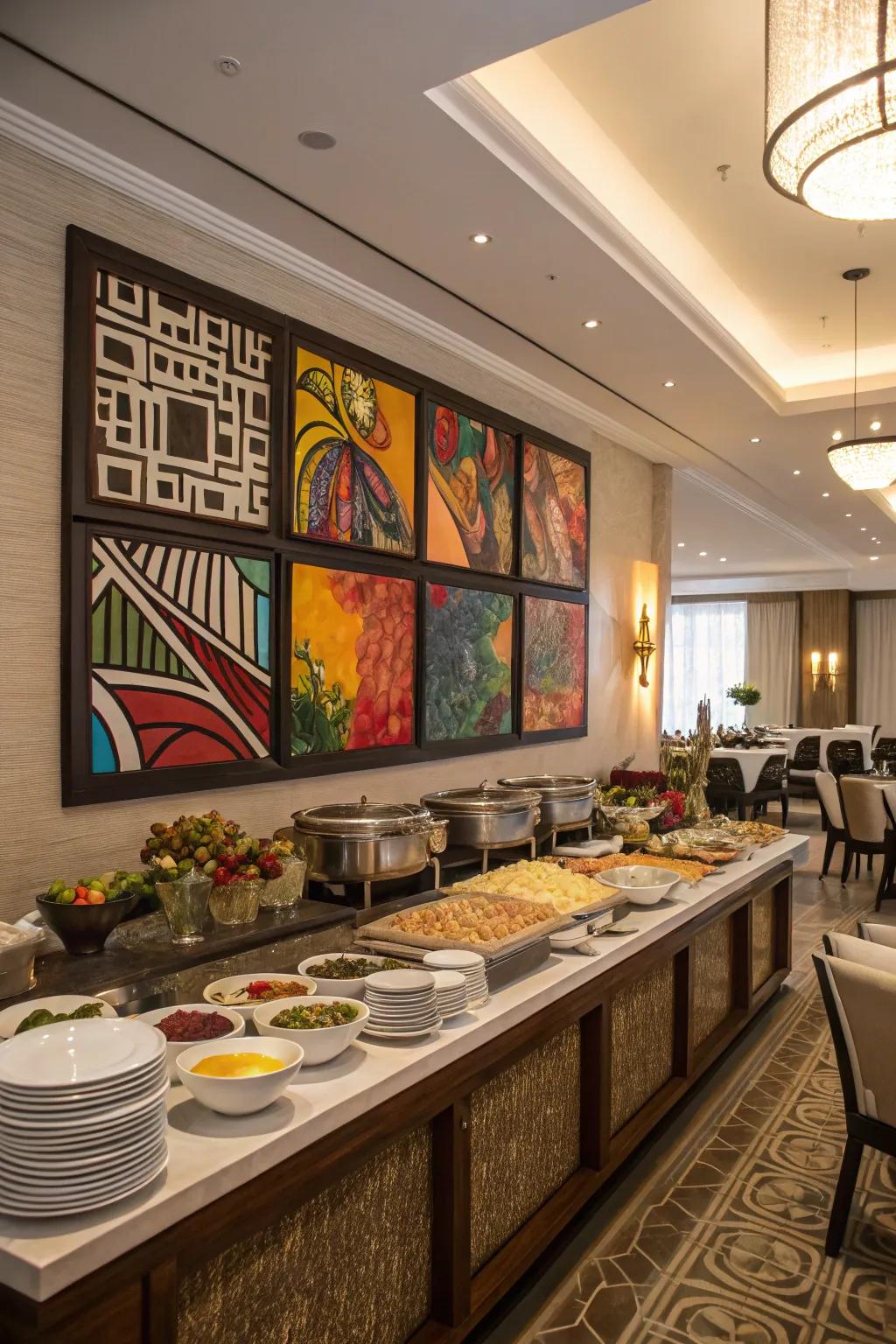 Striking wall art enriches the elegance of this dining buffet.