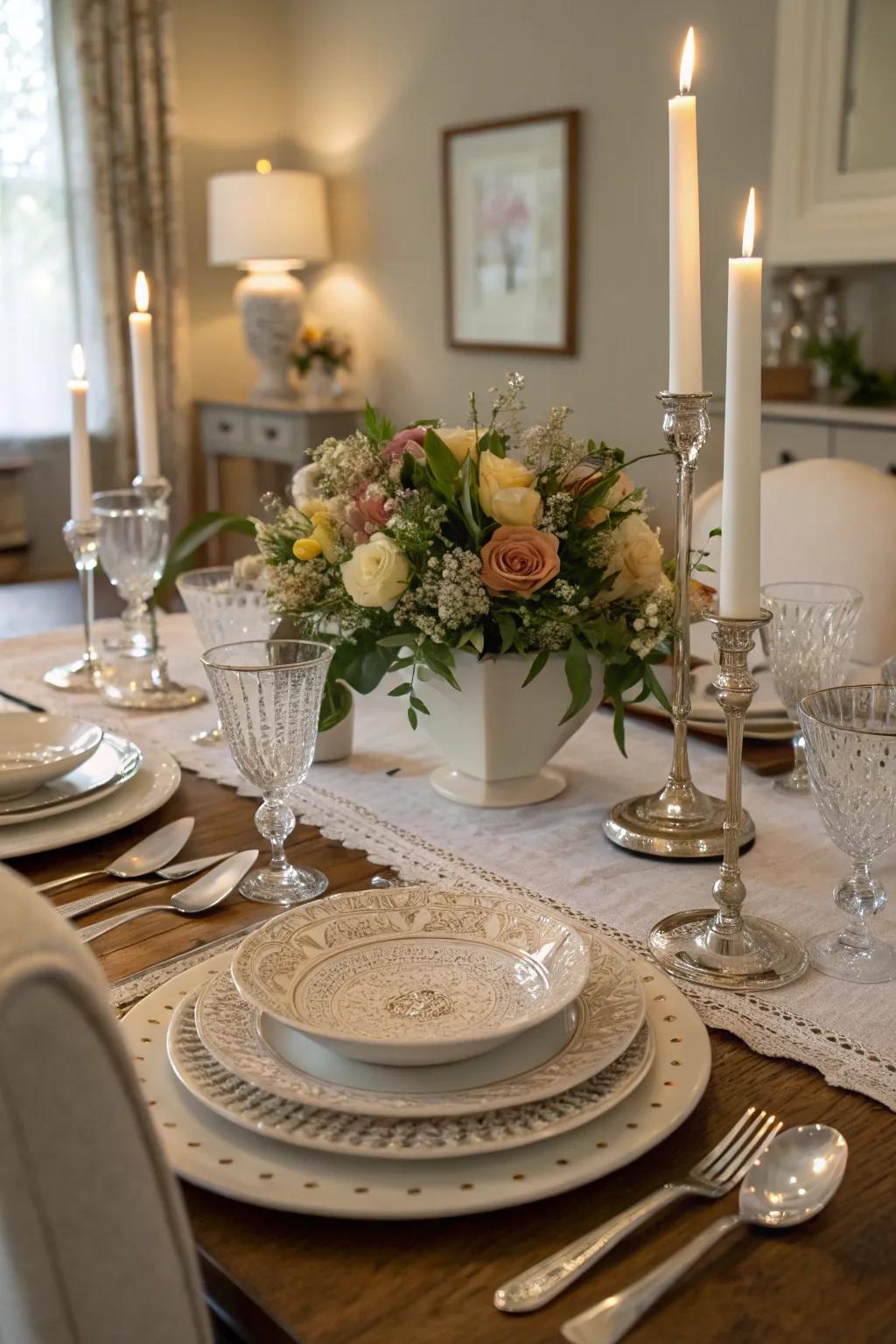 Layered place settings and centerpieces contribute depth and visual interest.