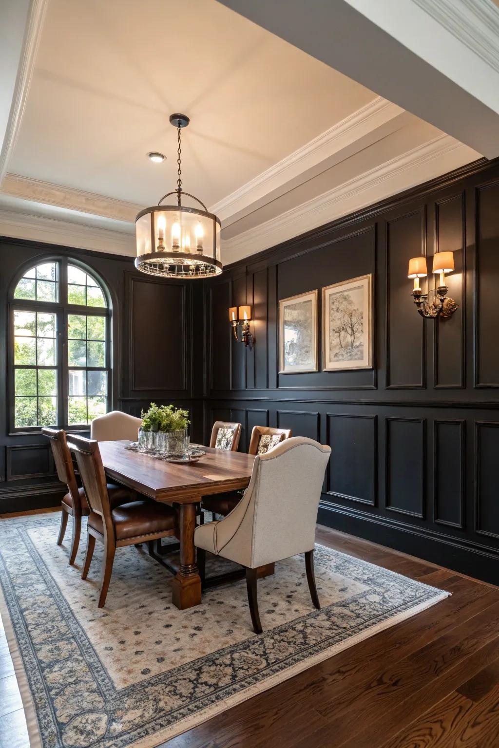 The dramatic and elegant effect in this room comes from the high contrast wainscoting.