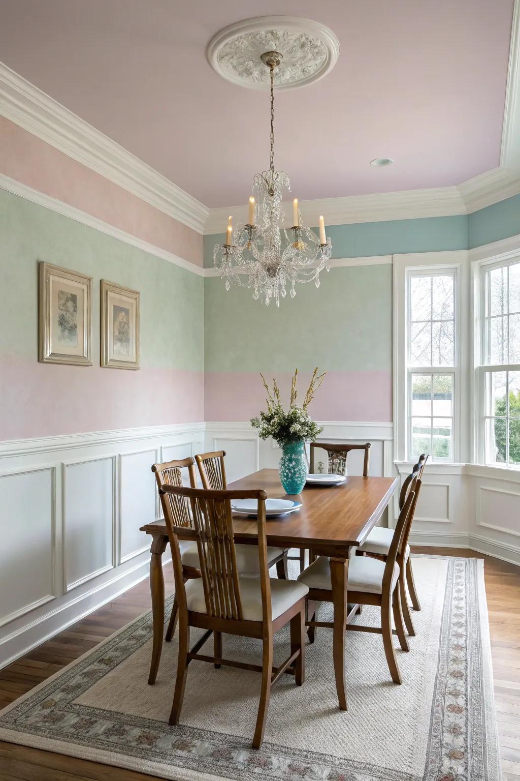 Soft pastels foster a serene and welcoming dining atmosphere.