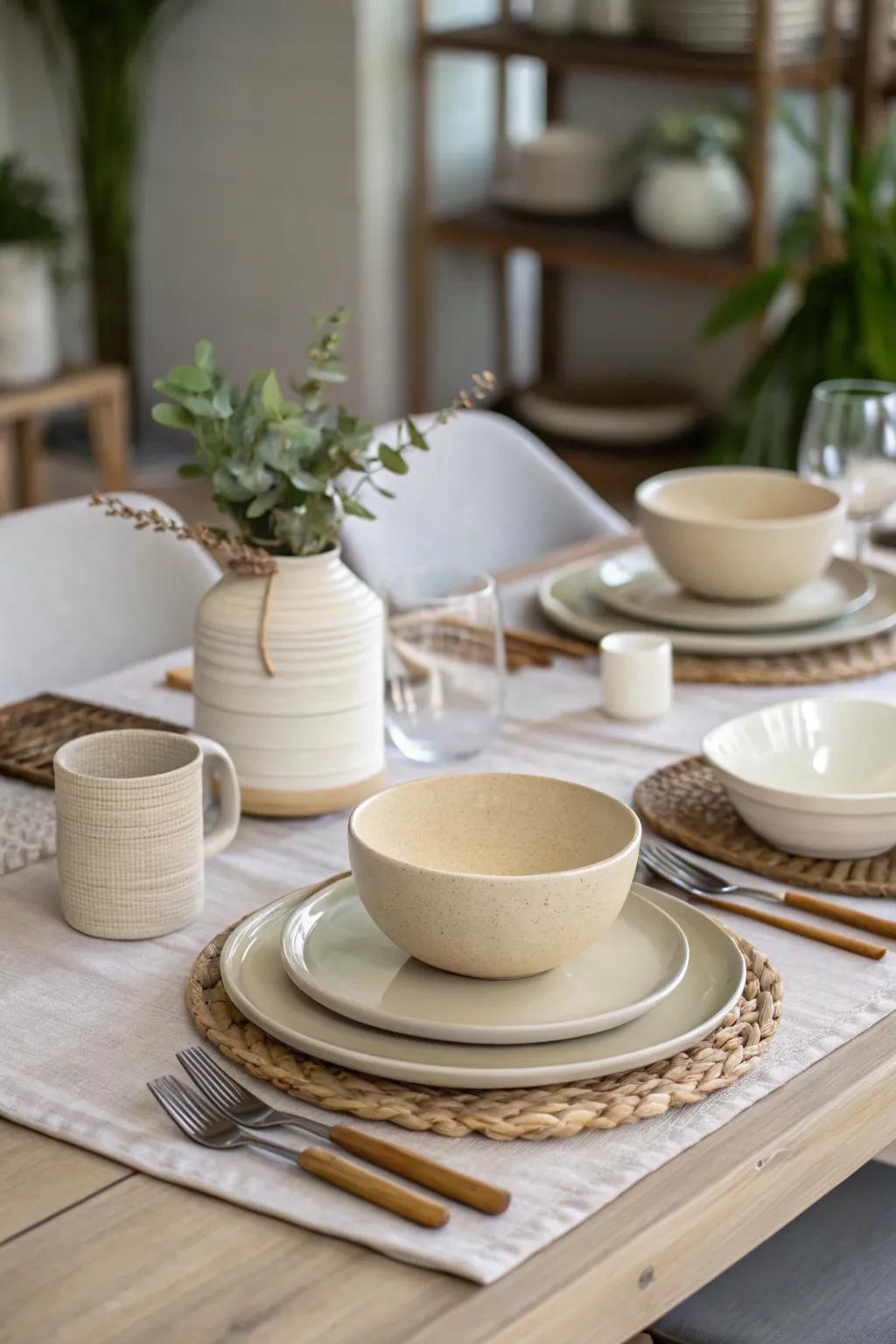 Neutral hues provide an adaptable and sophisticated touch to any dining table setting.