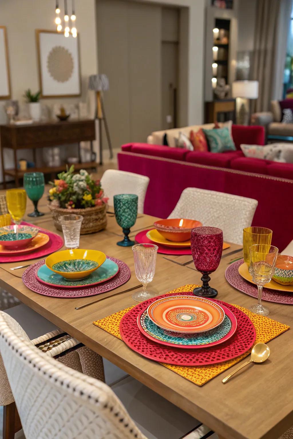 A dining table featuring a decor scheme with strong, harmonious colors.