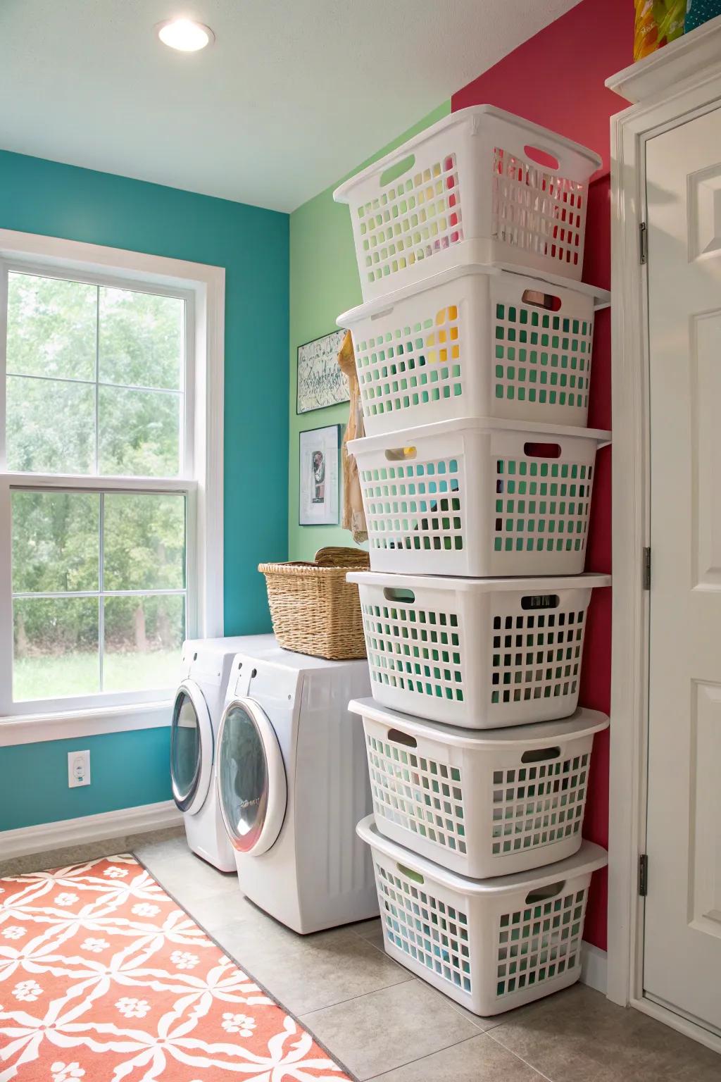 Make the most of your vertical area with stacked garment containers.