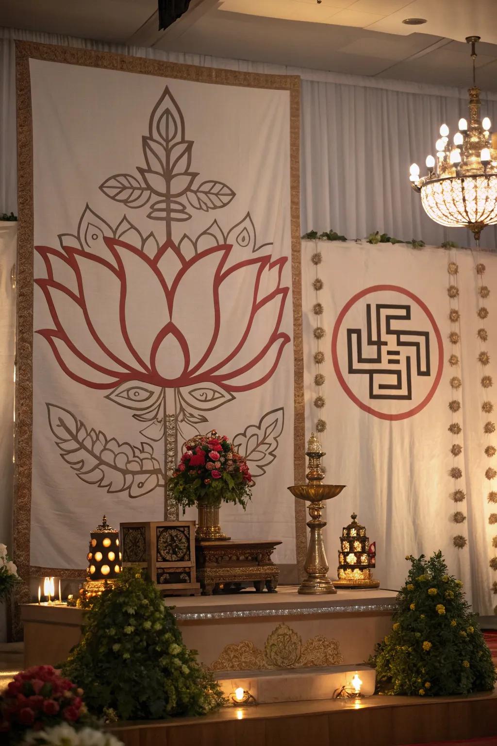 Classic symbols add cultural depth to the backdrop.