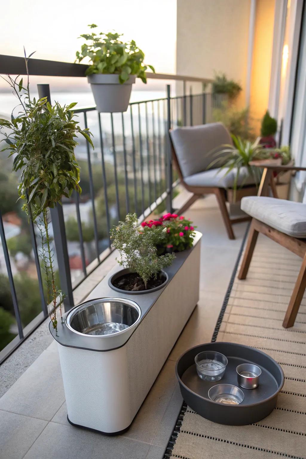 Fashionable hydration stations keep dogs hydrated and the balcony tidy.