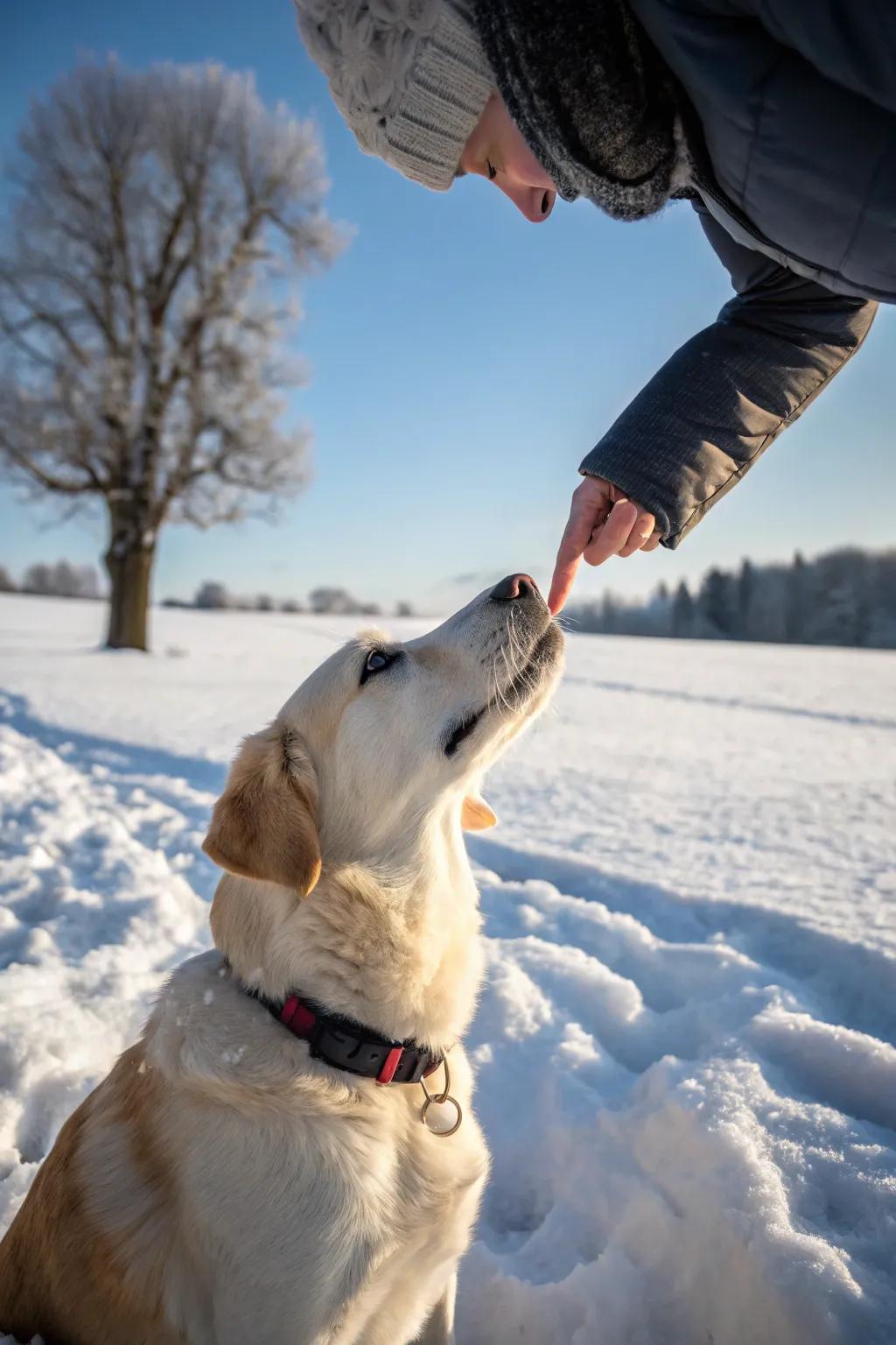 A delightful snowy nose nudge moment.