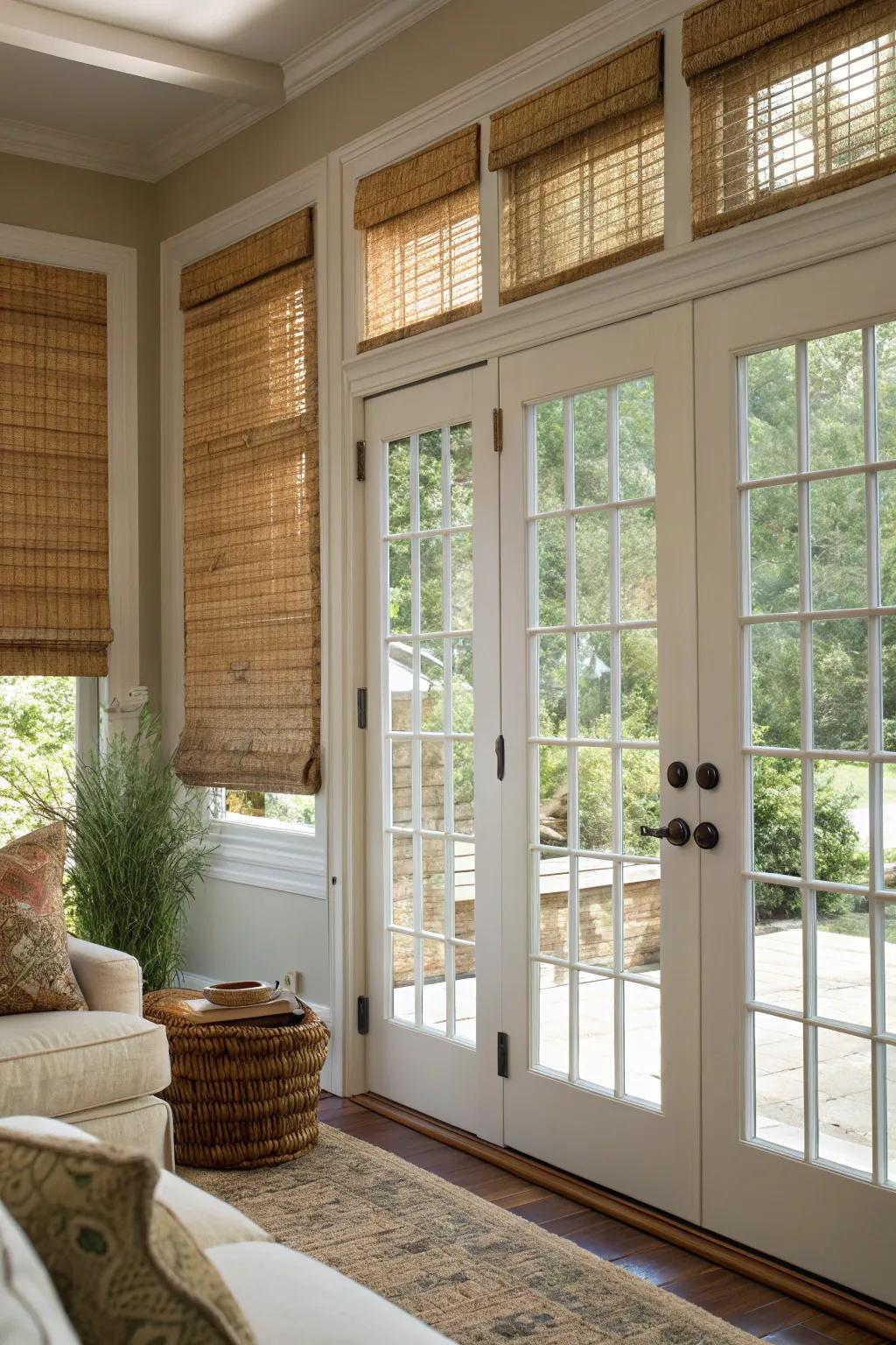 Cane shades introduce texture and privacy to entryway windows with a natural touch.