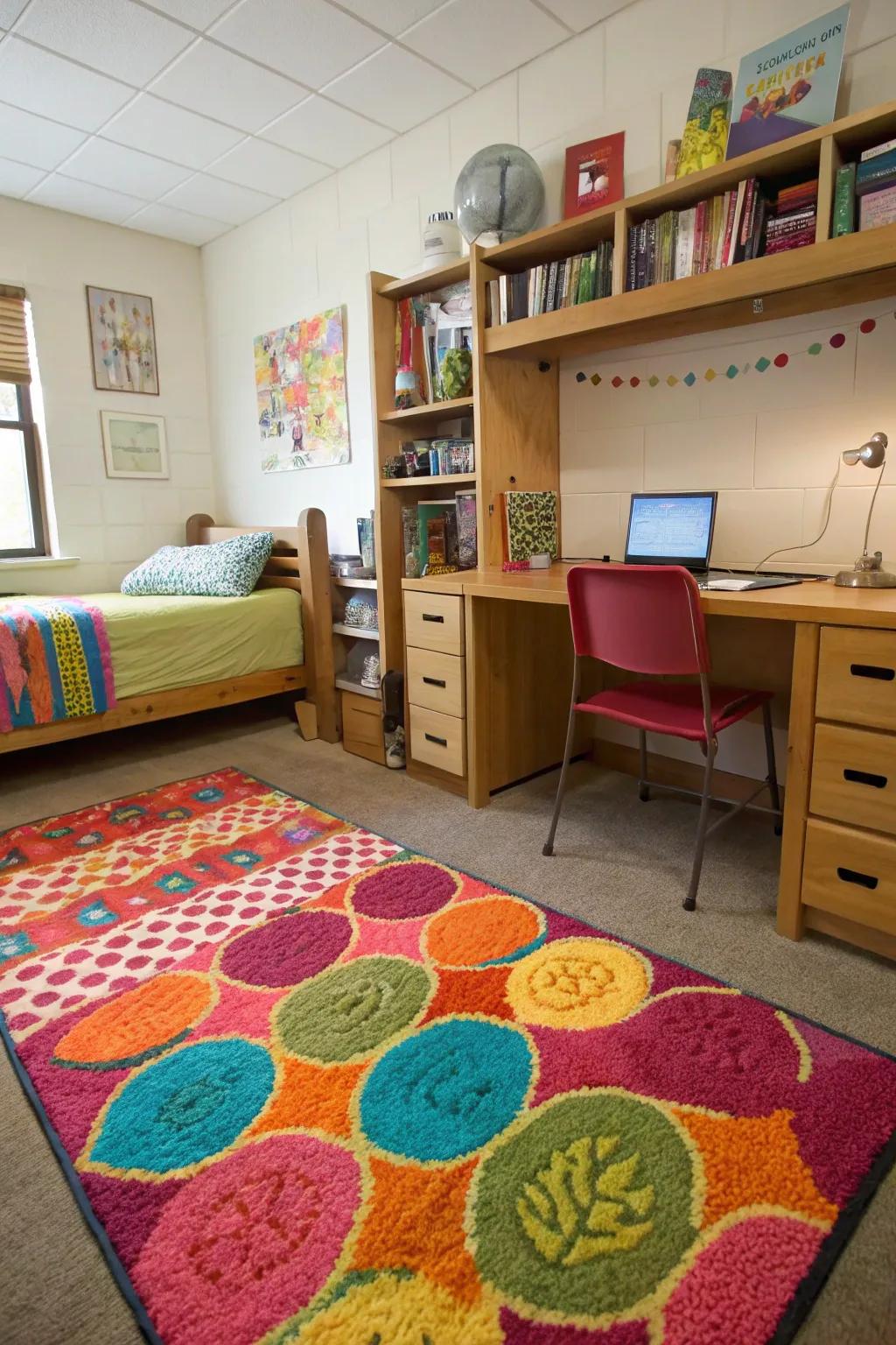 A rug adds character and coziness to your dorm room.